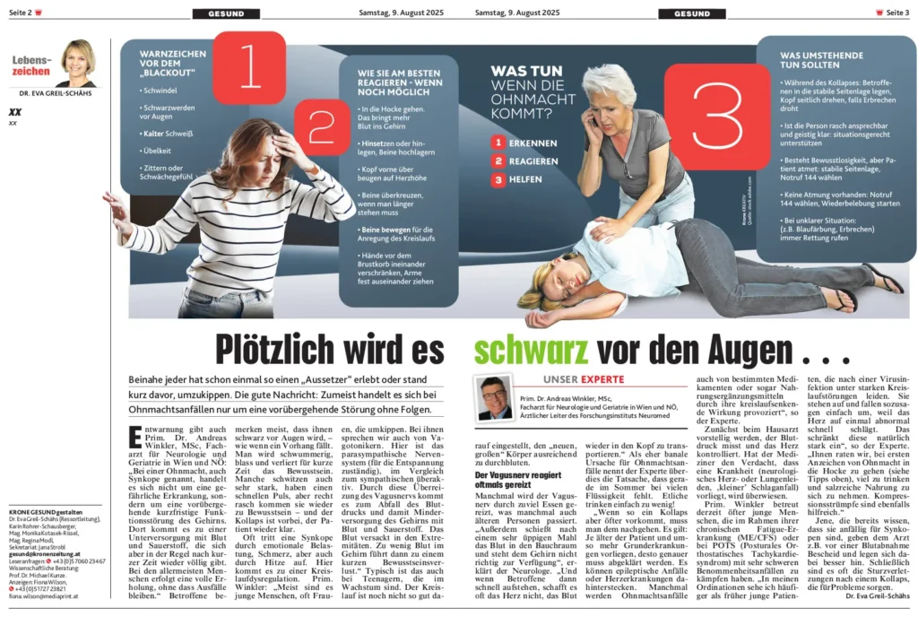 Zei´tungsartikel in der Kronen Zeitung mit dem Titel: Plötzlich wird es schwarz vor den Augen